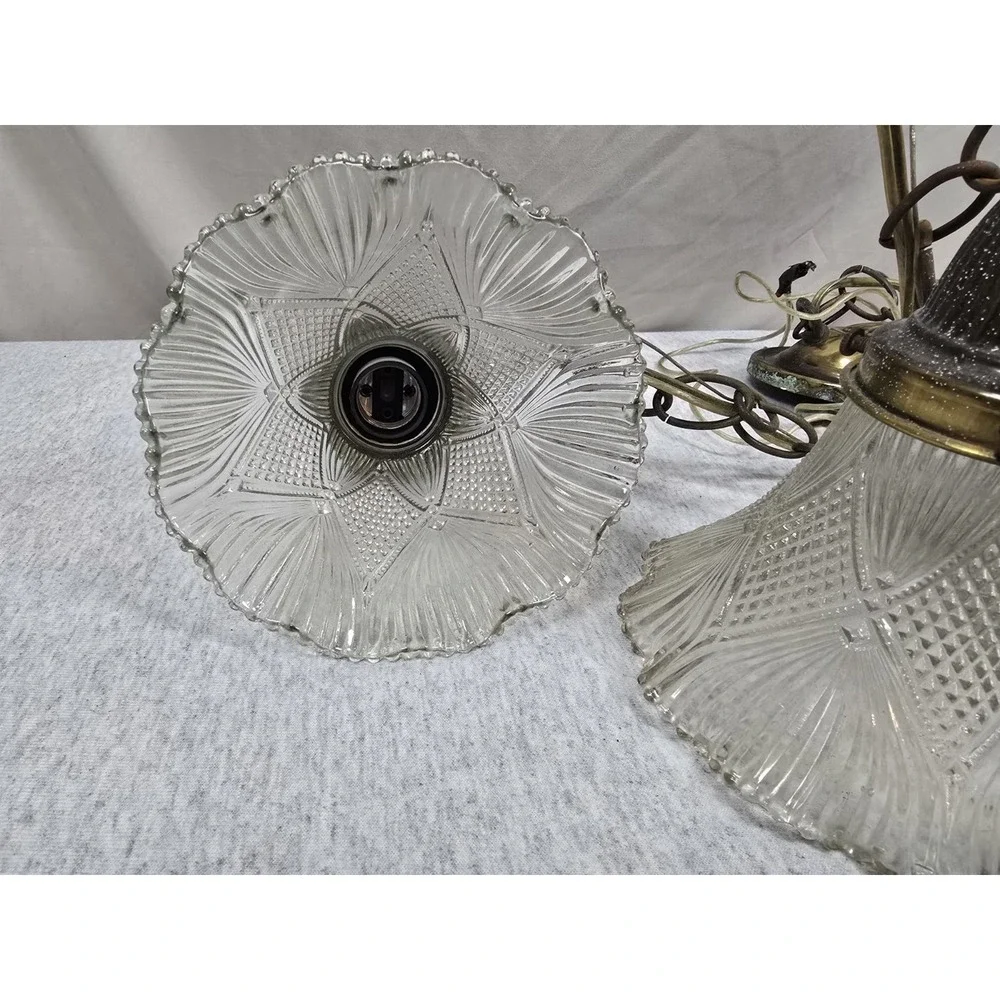 Vintage Brass Double‎ Pendant Light Pair Frosted Glass Shades Hanging Lamps MCM